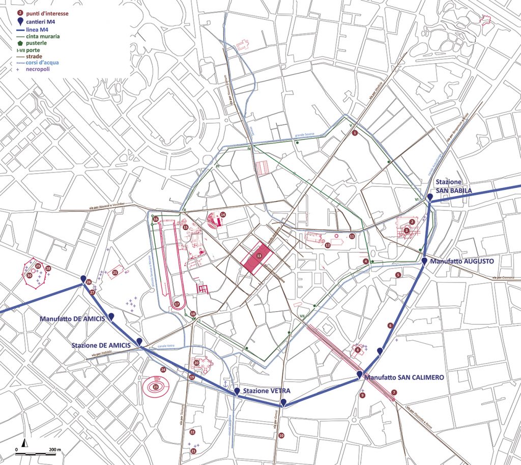 Viaggio nel tempo - la mappa di Milano con i principali monumenti di Mediolanum e i punti d’interesse lungo i cantieri della linea M4
